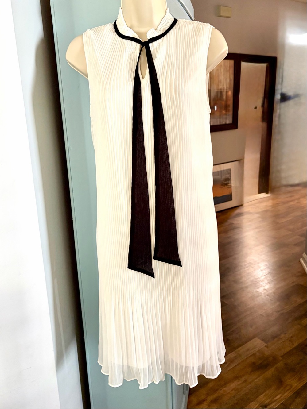 DKNY White Pleated Midi Dress with Black Neck Tie